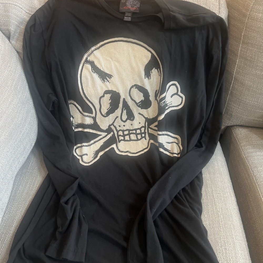 Vintage Women's Ed Hardy Long Sleeve Shirt XXL Black Rhinestone Skull USA Made